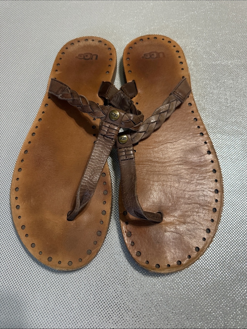 UGG Brown Braided Leather Thong Sandals